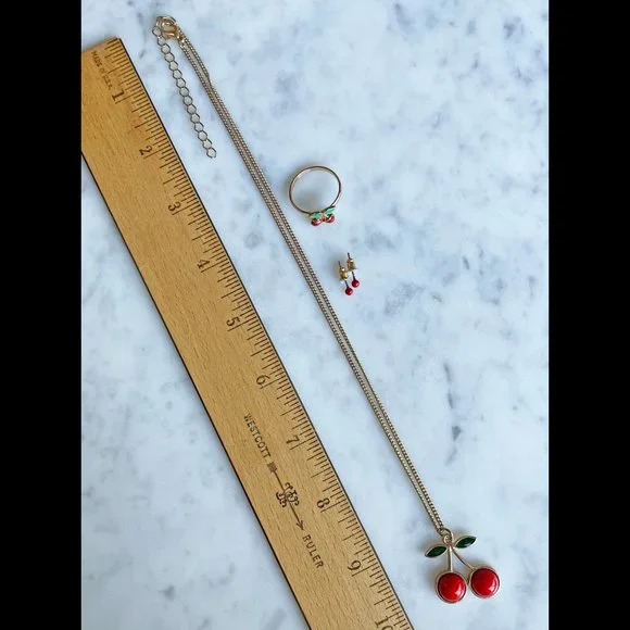 Cherries Necklace and Ring with Coordinating Post Earrings, 3-Piece Set - Picture 6 of 7